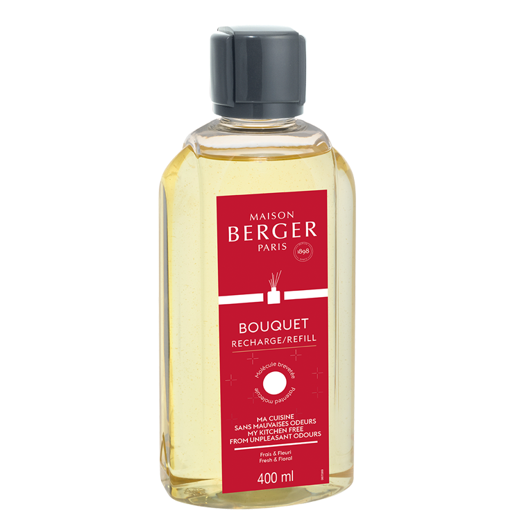 Bouquet Recharge Refill 400 ml Transparente Maison Berger Nachfüllflasche mit rotem Bouquet-Etikett und grauem Verschluss