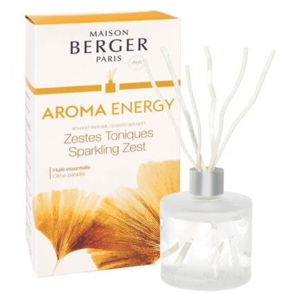 Aroma Energy Raumduft-Diffuser mit Verpackung und weißen Duftstäbchen