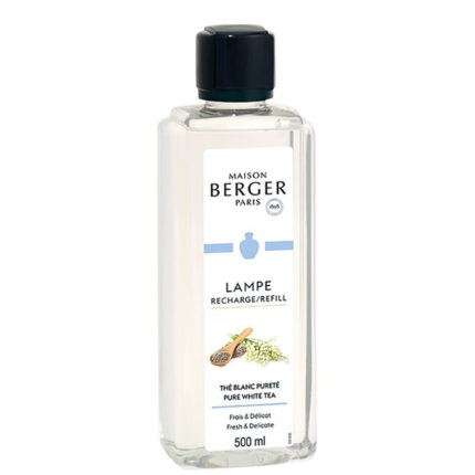Transparente Maison Berger Nachfüllflasche mit schwarzem Verschluss und 500-ml-Etikett