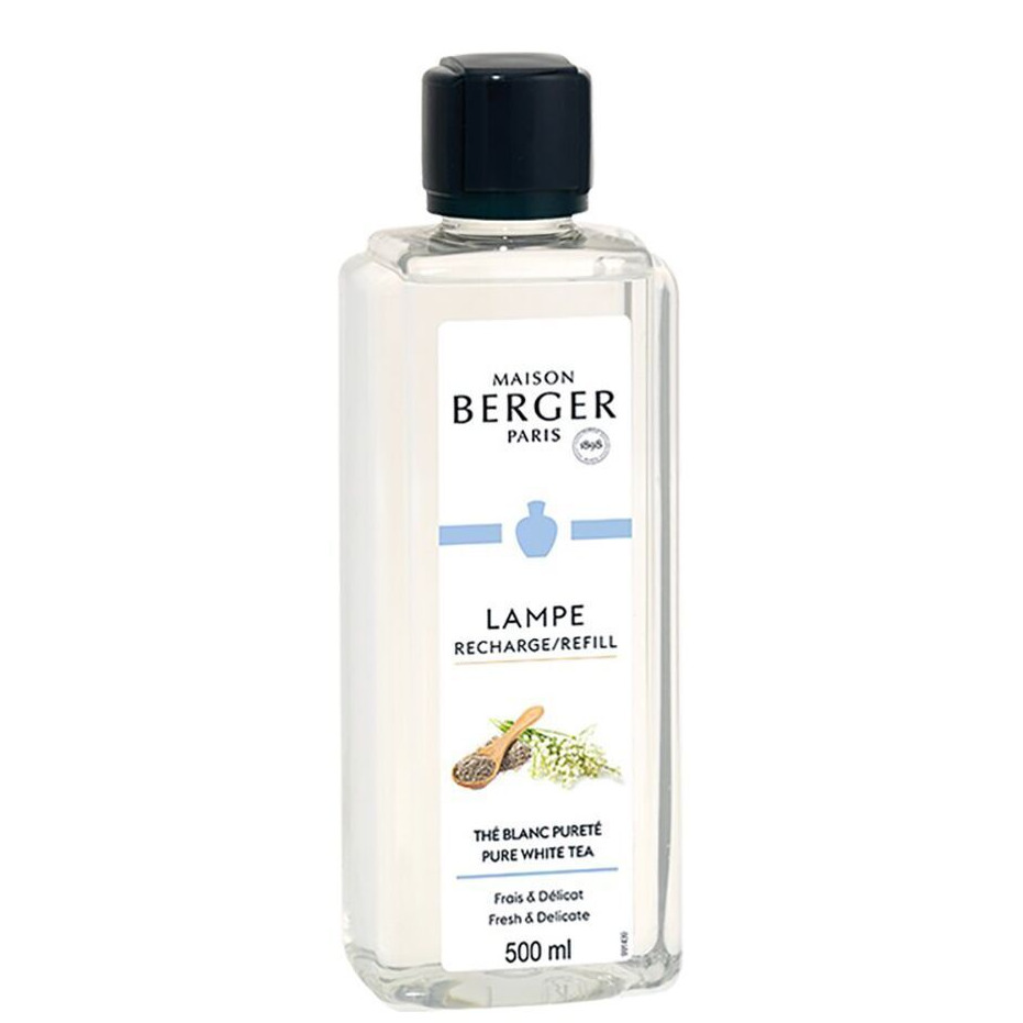 Nachfüller Pure White Tea 500 ml Transparente Maison Berger Nachfüllflasche mit schwarzem Verschluss und 500-ml-Etikett