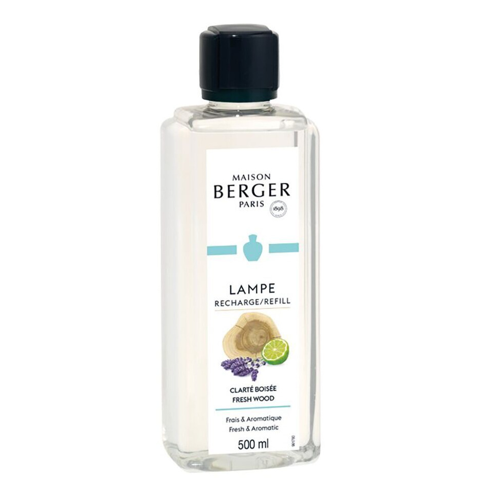 Lampen-Nachfüller Fresh Wood 500 ml Transparente Maison Berger Paris Nachfüllflasche mit Fresh-Wood-Etikett und schwarzem Verschluss