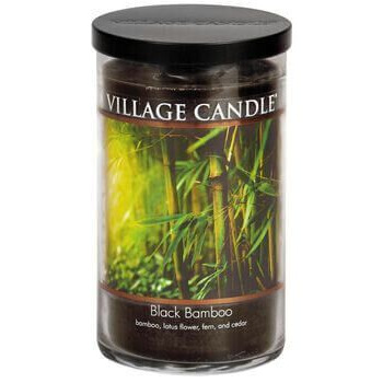 Black Bamboo Kerze im Glasbehälter mit schwarzem Deckel und Village-Candle-Etikett