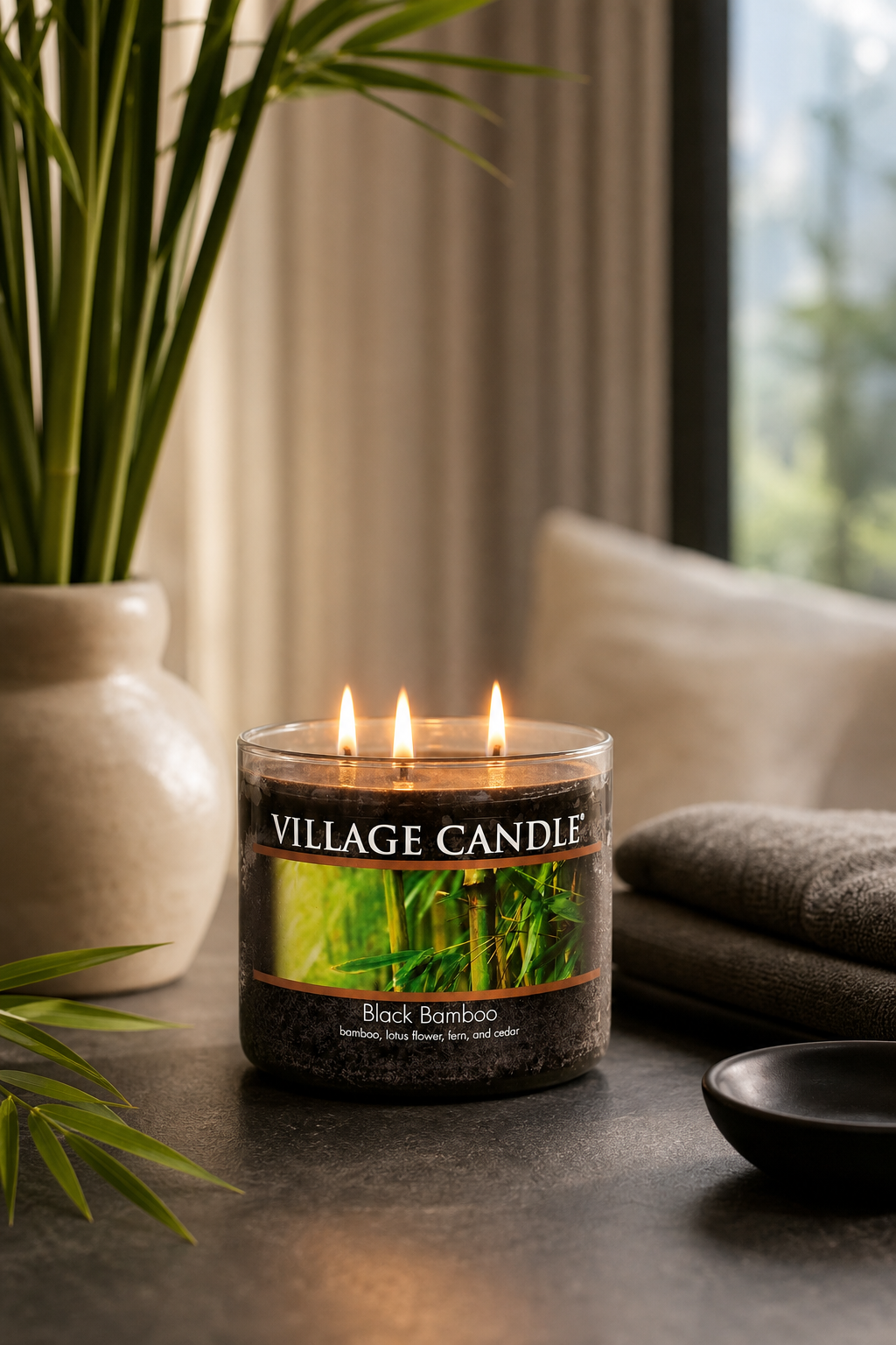 Brennende Black Bamboo Duftkerze mit drei Flammen im Wohnbereich