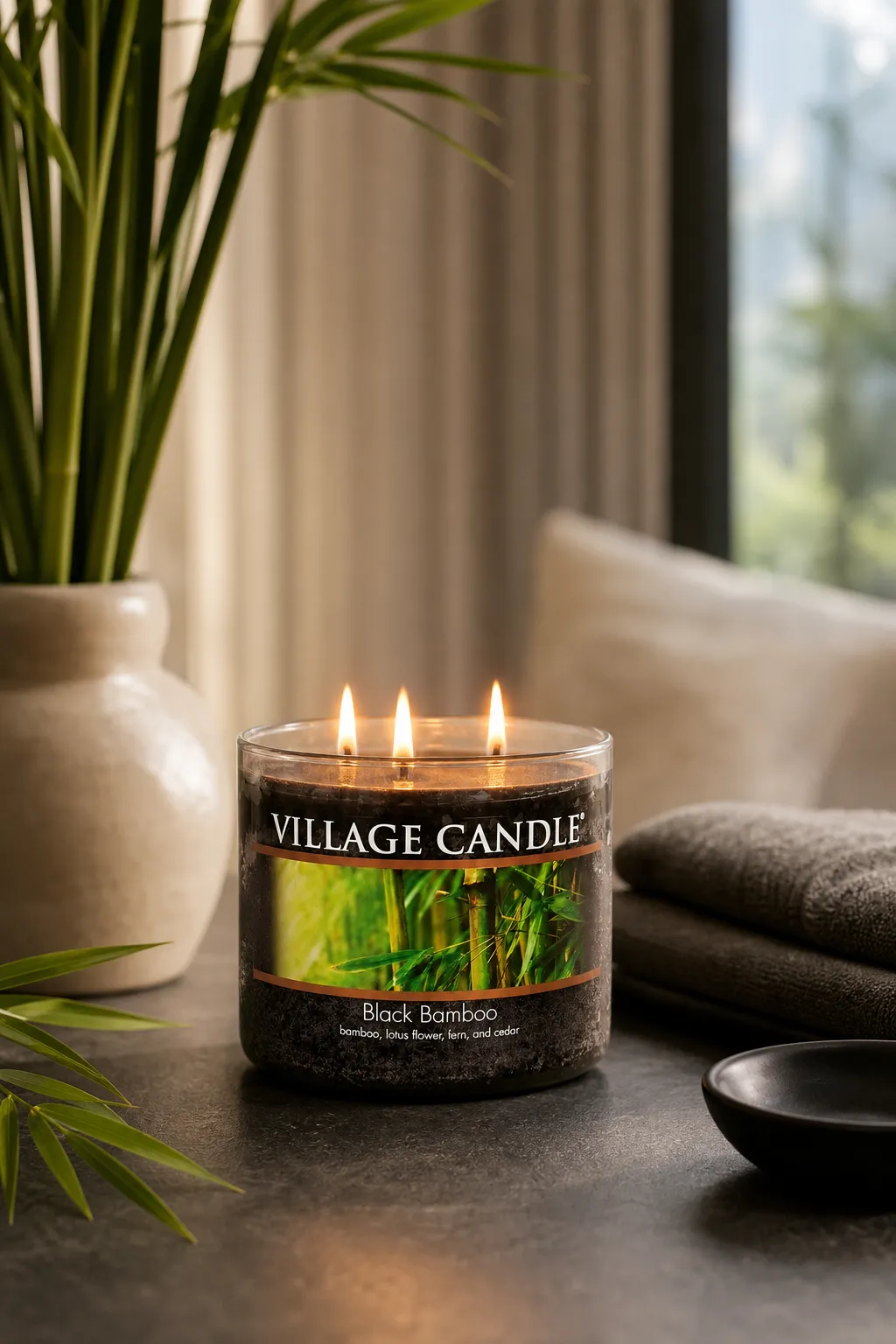 Brennende Black Bamboo Duftkerze mit drei Flammen im Wohnbereich