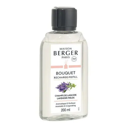 Transparente Maison Berger Paris Nachfüllflasche mit Lavendelfeld-Etikett