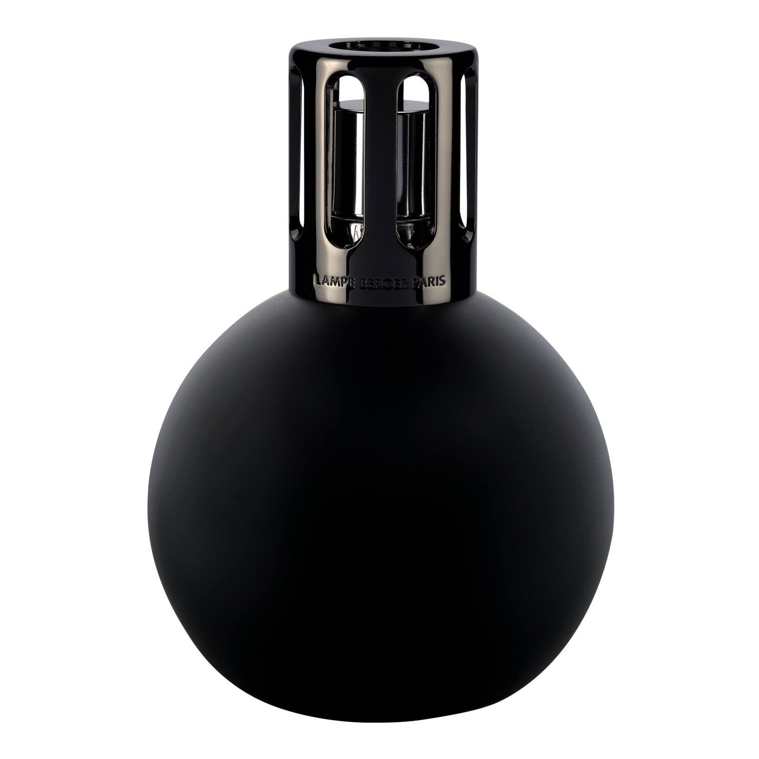 Boule Lampe Berger Vorderansicht Schwarze runde Lampe Berger Boule mit sichtbarer Gitterkappe