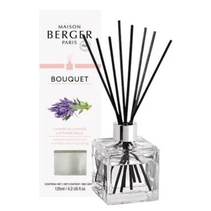 Glas-Diffuser mit Duftstäbchen neben Verpackung mit Lavendelabbildung