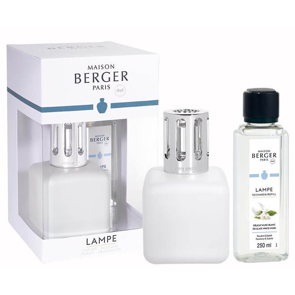 Lampe Berger mit Nachfüllflasche Weiße Lampe Berger mit silberner Kappe und Nachfüllflasche