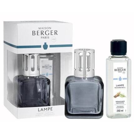 Graue Maison Berger Lampe mit silbernem Schutzaufsatz