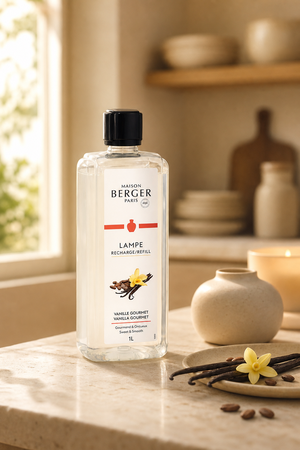 Maison Berger Nachfüllflasche mit Vanilleetikett steht auf einer Küchenarbeitsfläche neben Vanilleschoten