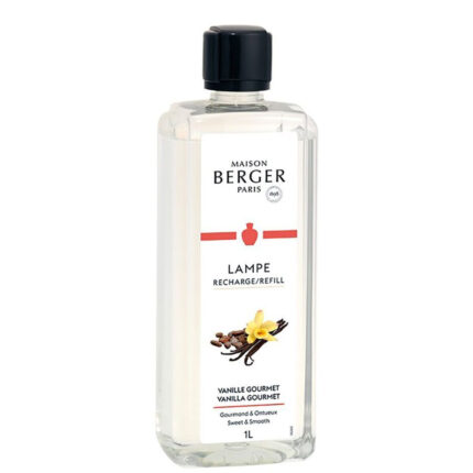 Transparente Maison Berger Nachfüllflasche mit Etikett Vanille Gourmet und 1L-Aufdruck