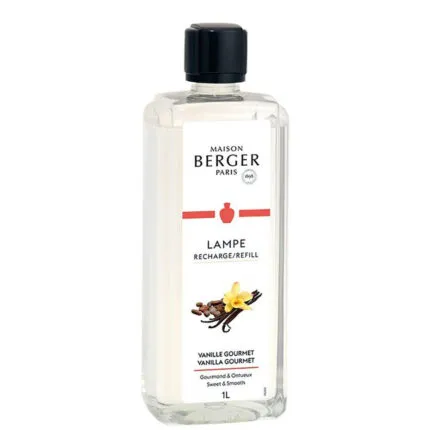 Transparente Maison Berger Nachfüllflasche mit Etikett Vanille Gourmet und 1L-Aufdruck