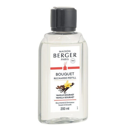 Klare Maison Berger Nachfüllflasche mit schwarzem Verschluss und Vanille-Gourmet-Etikett