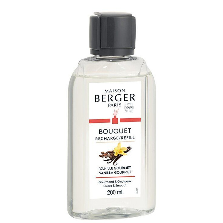 Vanille Gourmet Nachfüllflasche 200 ml Klare Maison Berger Nachfüllflasche mit schwarzem Verschluss und Vanille-Gourmet-Etikett
