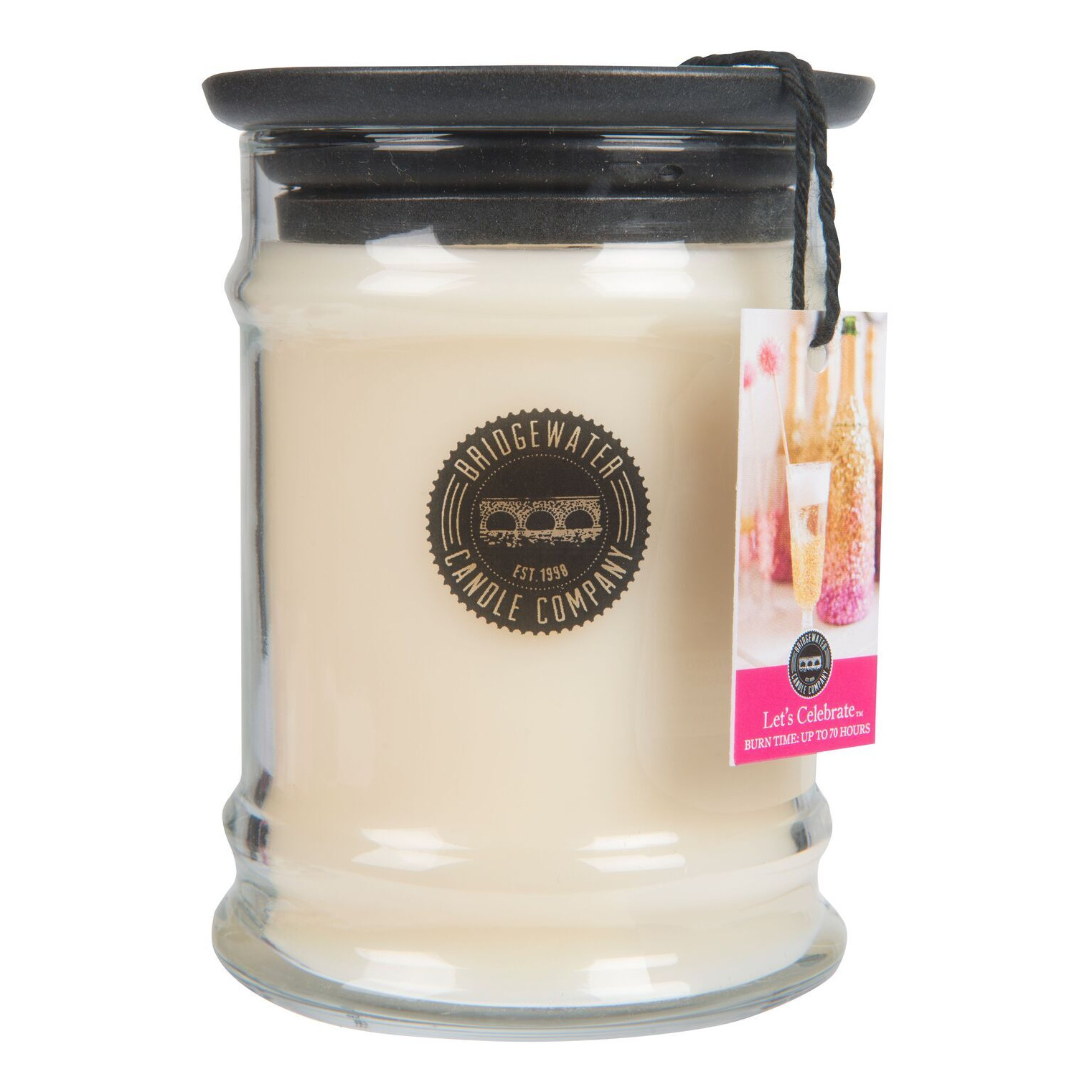 Let’s Celebrate Kerze im Glas Cremefarbene Bridgewater Kerze im Glas mit schwarzem Deckel