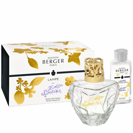 Lampe mit goldener Kappe, Verpackung und Nachfüllflasche von Maison Berger Paris