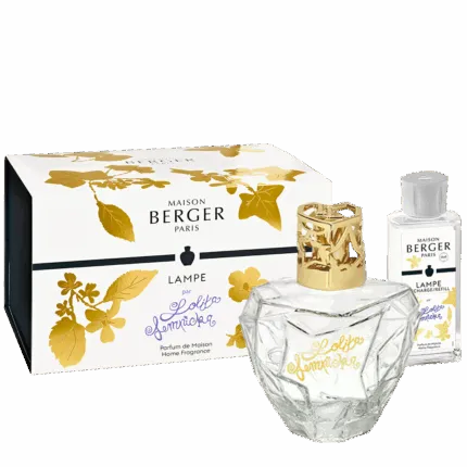 Lampe mit goldener Kappe, Verpackung und Nachfüllflasche von Maison Berger Paris