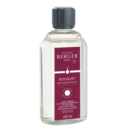 Transparente Maison Berger Paris Nachfüllerflasche mit Etikett und dunklem Verschluss