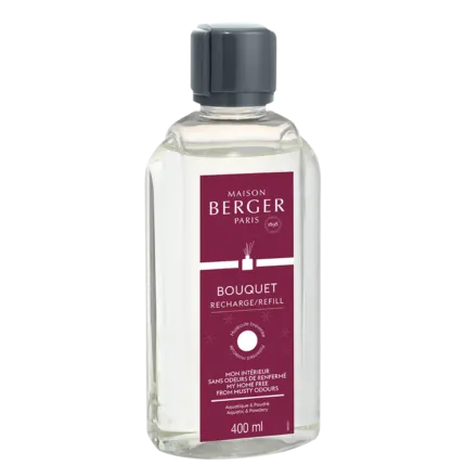 Transparente Maison Berger Paris Nachfüllerflasche mit Etikett und dunklem Verschluss