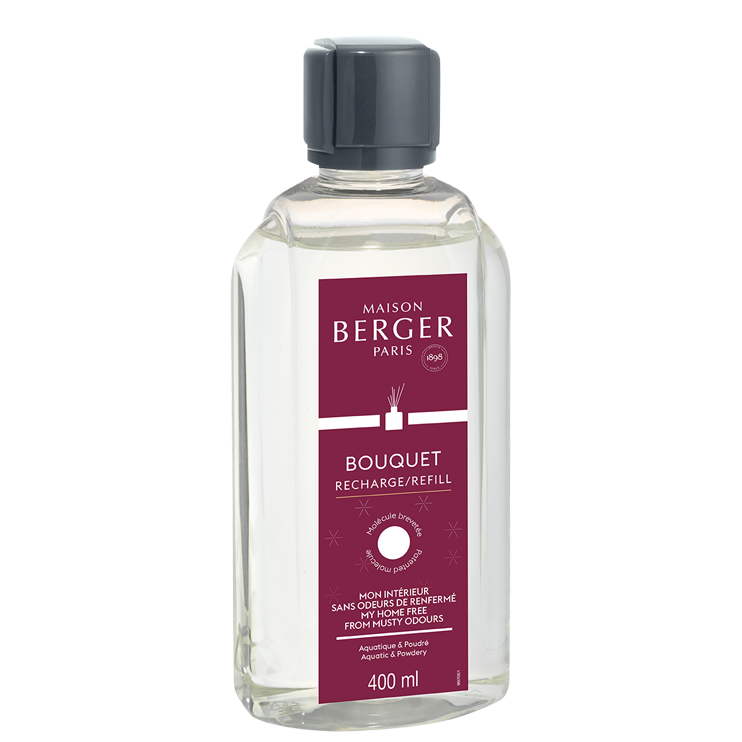Bouquet Recharge Refill 400 ml Transparente Maison Berger Paris Nachfüllerflasche mit Etikett und dunklem Verschluss