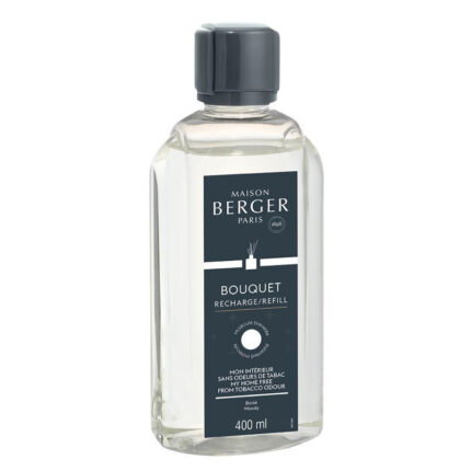 Transparente Maison Berger Nachfüllflasche mit dunklem Verschluss und Etikett