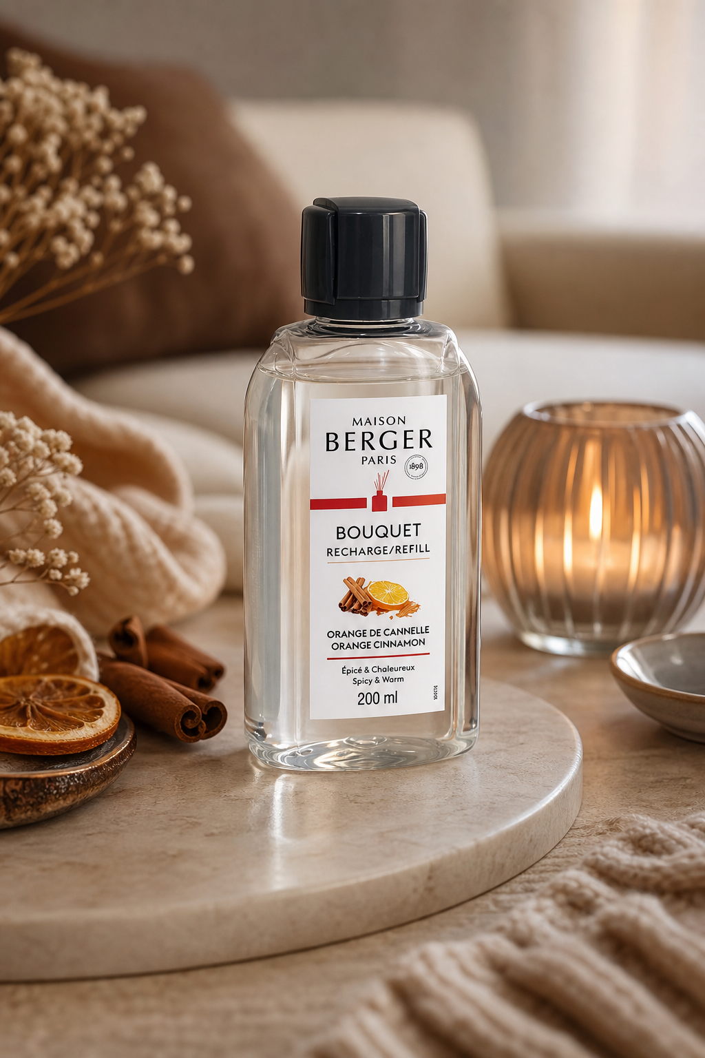 Maison Berger Nachfüller Orange Cinnamon auf Tisch neben beleuchtetem Windlicht