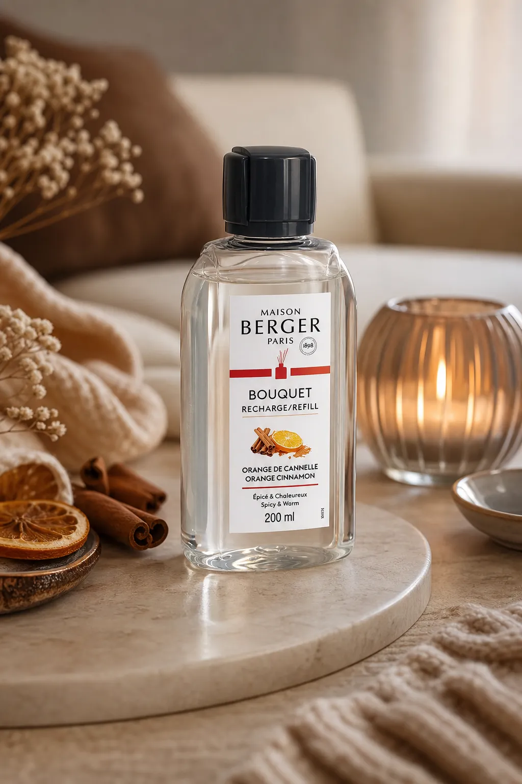Orange-Zimt Nachfüller im Wohnambiente Maison Berger Nachfüller Orange Cinnamon auf Tisch neben beleuchtetem Windlicht