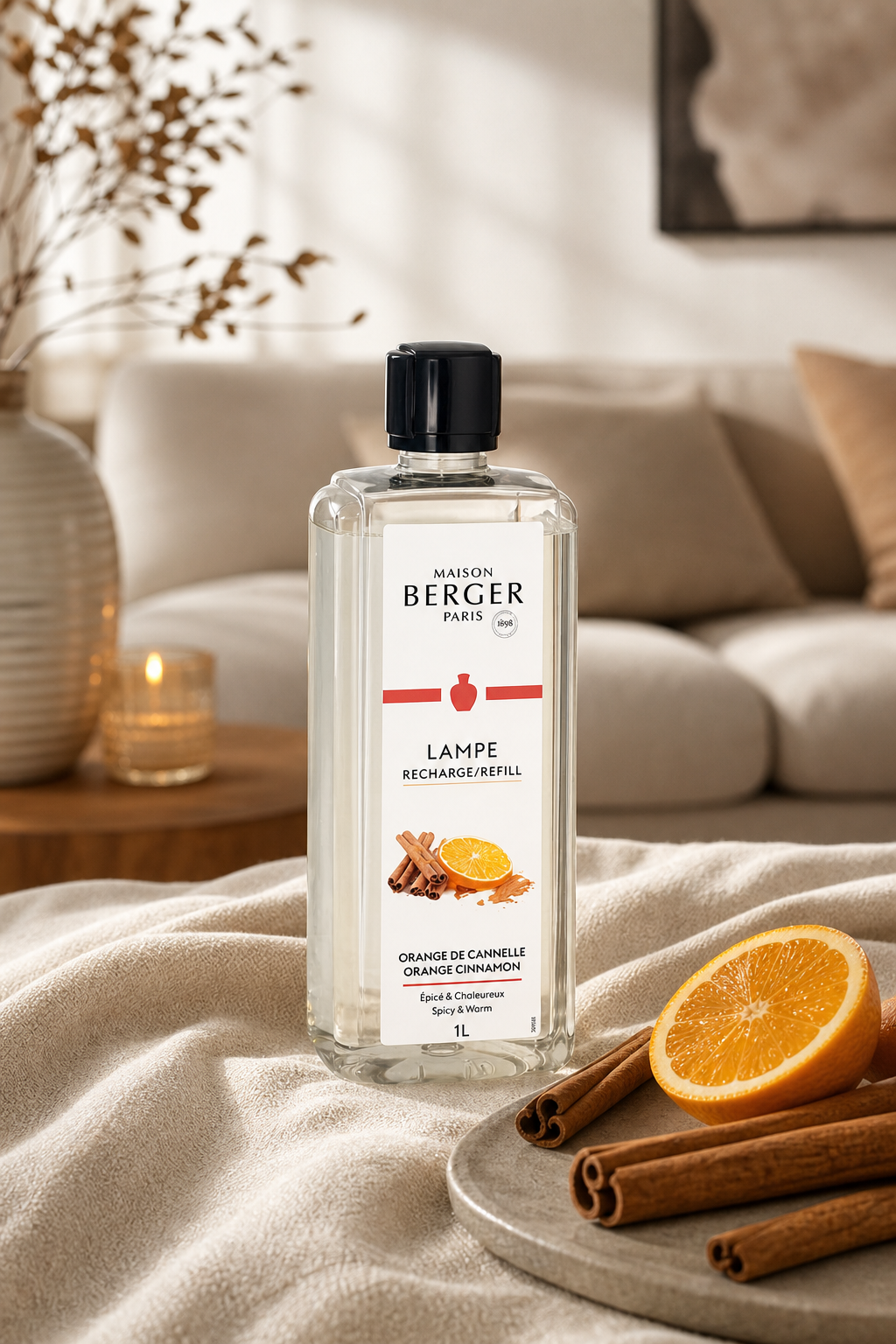 Maison Berger Nachfüller mit Orangenhälfte und Zimtstangen auf einem Tisch