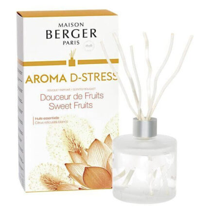 Aroma D-Stress Diffuser mit Glasgefäß, weißen Stäbchen und Produktverpackung