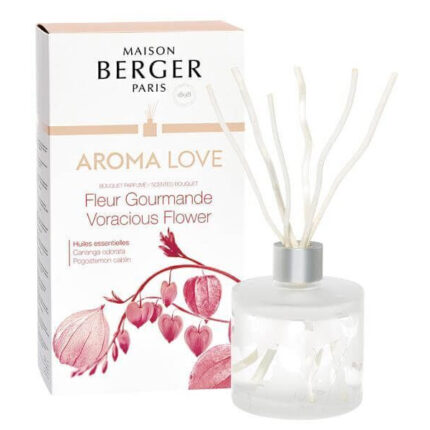Aroma Love Raumduft-Diffuser mit Verpackung und weißen Duftstäbchen