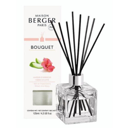 Hibiskus-Raumduft-Diffuser mit schwarzen Duftstäbchen und Produktverpackung