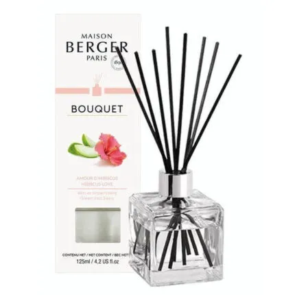 Hibiskus-Raumduft-Diffuser mit schwarzen Duftstäbchen und Produktverpackung