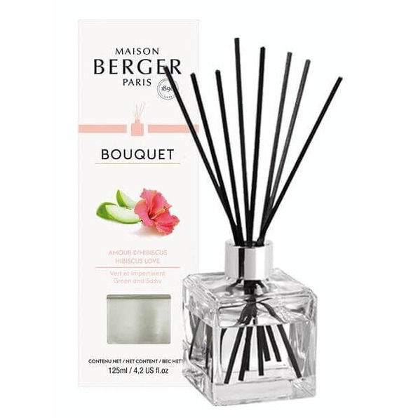 Hibiskus-Diffuser frontal Hibiskus-Raumduft-Diffuser mit schwarzen Duftstäbchen und Produktverpackung