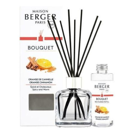 Maison Berger Diffuser mit schwarzen Stäbchen, Verpackung und kleiner Nachfüllflasche