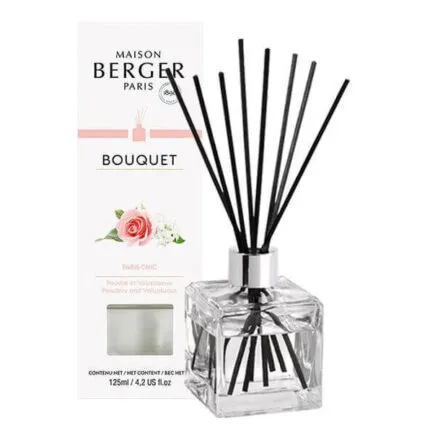 Klarer Diffuser mit schwarzen Duftstäbchen neben Maison-Berger-Paris-Verpackung