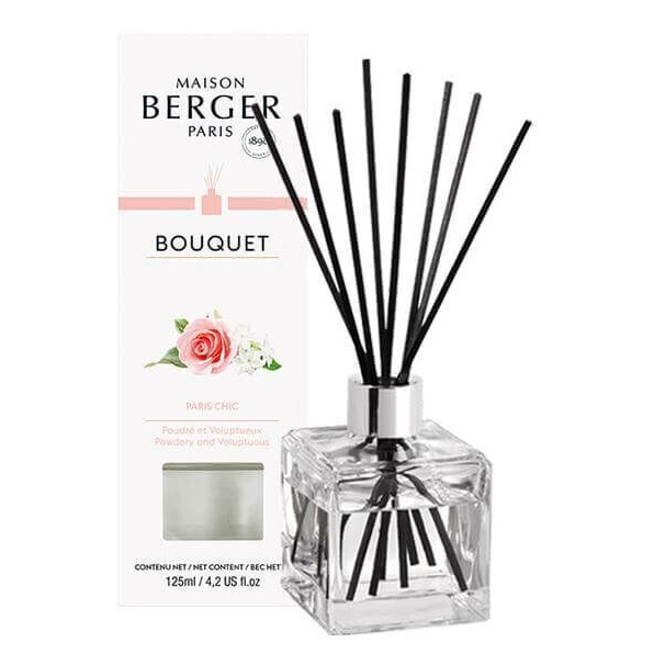 Raumduft-Diffuser mit Verpackung Klarer Diffuser mit schwarzen Duftstäbchen neben Maison-Berger-Paris-Verpackung
