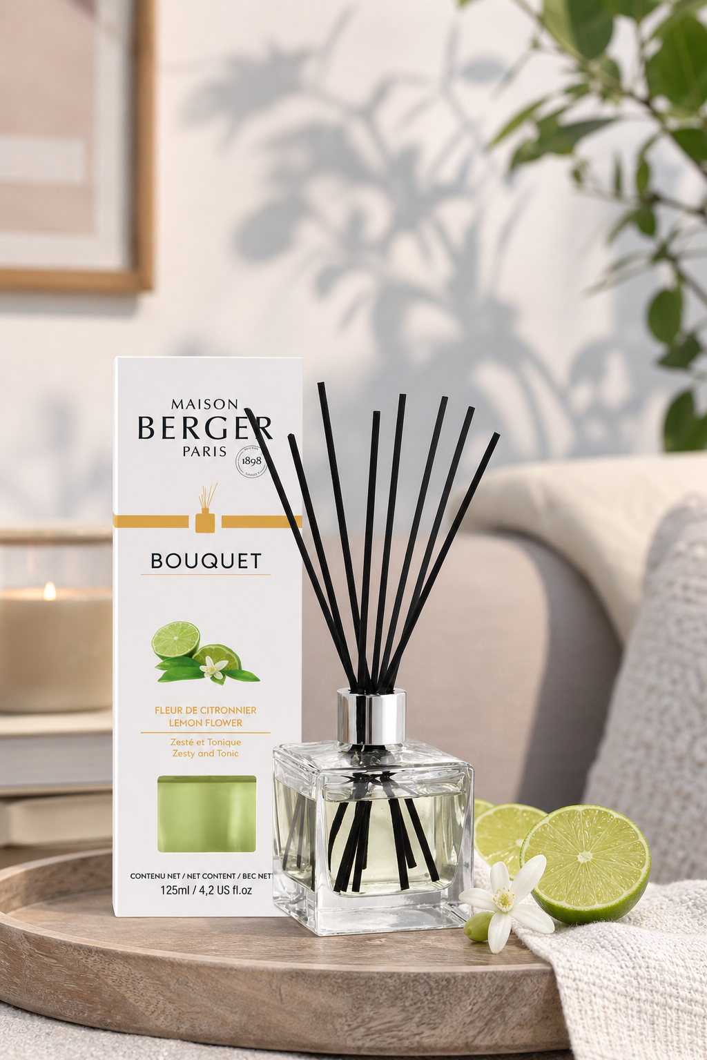 Maison Berger Diffuser mit Duftstäbchen neben Verpackung auf einem Tisch