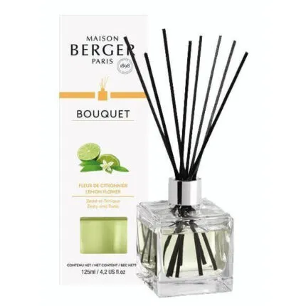 Zitronenblüten-Diffuser von Maison Berger mit Verpackung und schwarzen Duftstäbchen