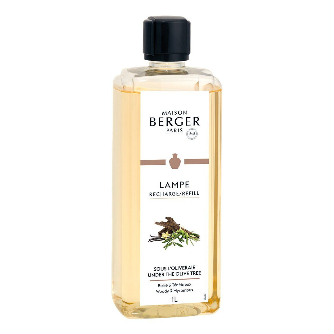 Nachfüller Unter dem Olivenbaum Nahaufnahme des Maison Berger Nachfüllers Unter dem Olivenbaum mit 1L-Etikett