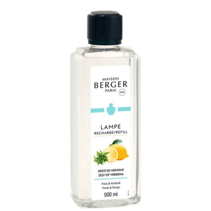 Transparente Maison Berger Nachfüllflasche mit Zitronen-Verbene-Etikett und schwarzem Verschluss