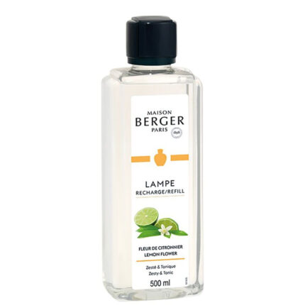 Transparente Nachfüllerflasche mit schwarzem Verschluss und Zitronenblüten-Etikett