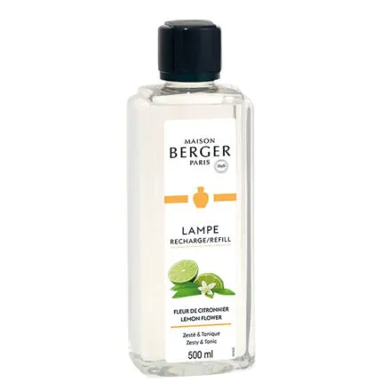 Transparente Nachfüllerflasche mit schwarzem Verschluss und Zitronenblüten-Etikett