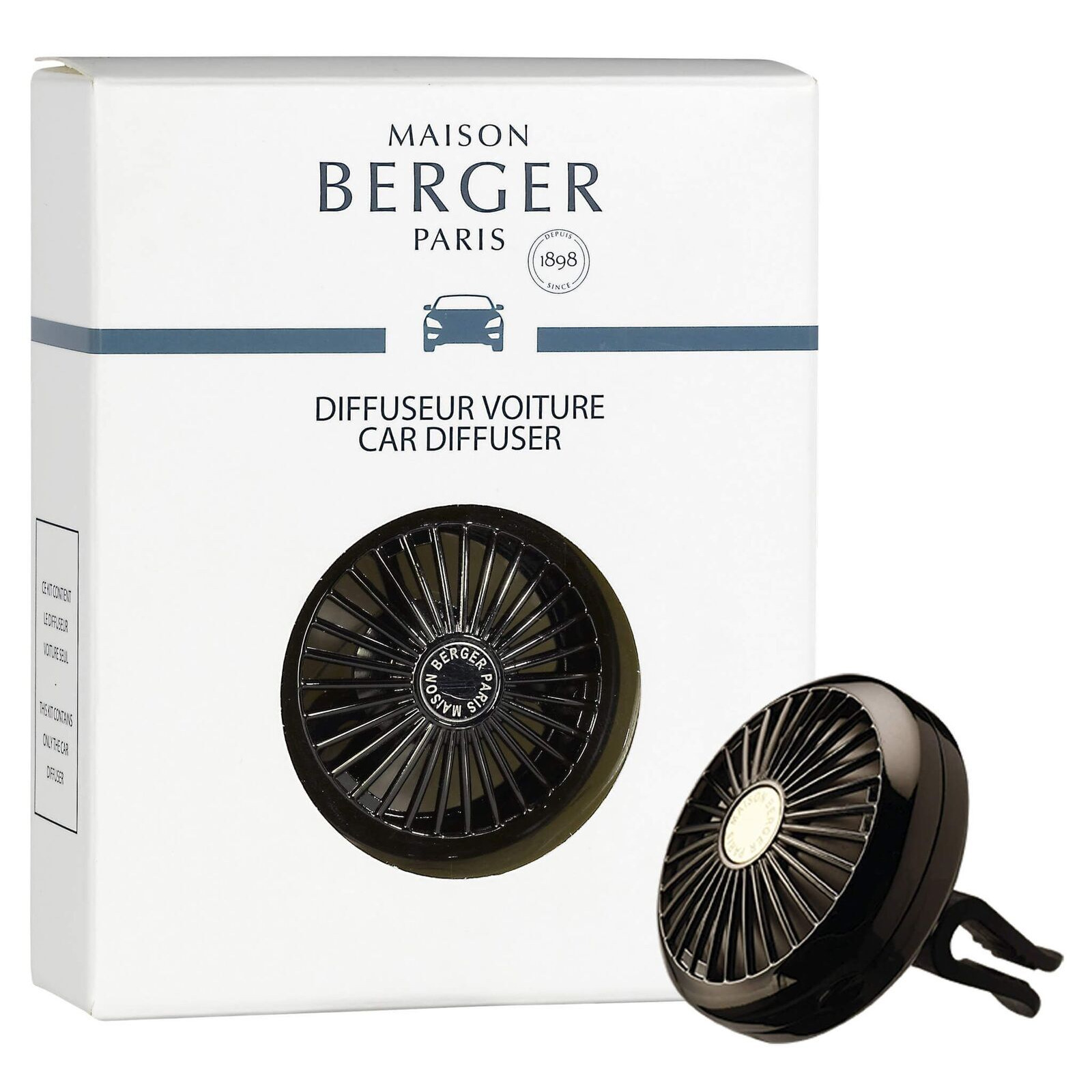 Autoduft-Diffuser mit Verpackung Schwarzer Autoduft-Diffuser neben seiner Maison-Berger-Paris-Verpackung