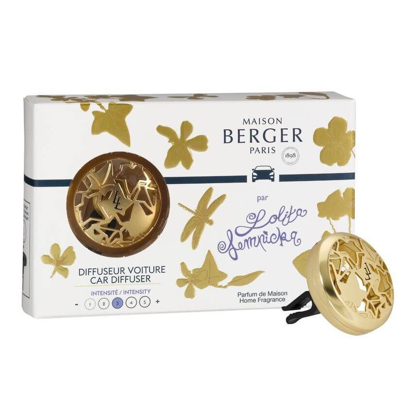 Autoduft-Set von Maison Berger Verpackung und goldfarbener Autodiffusor von Maison Berger Paris