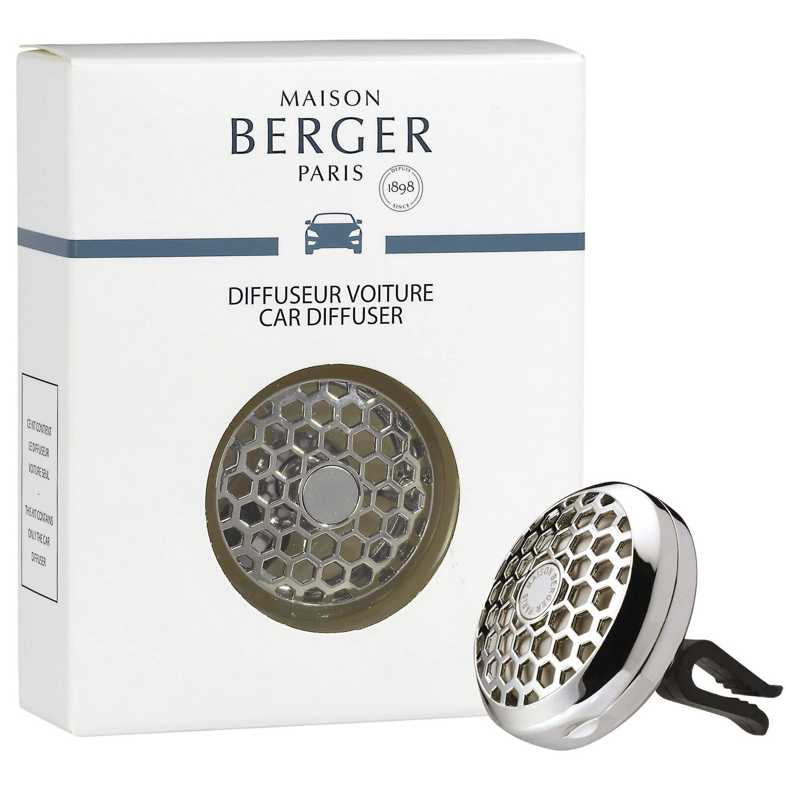 Autoduft-Diffuser und Verpackung Chromfarbener Autoduft-Diffuser mit Wabenmuster neben Produktverpackung