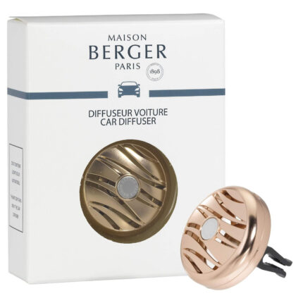 Roségoldener Autoduft-Diffuser liegt vor der Verpackung von Maison Berger Paris