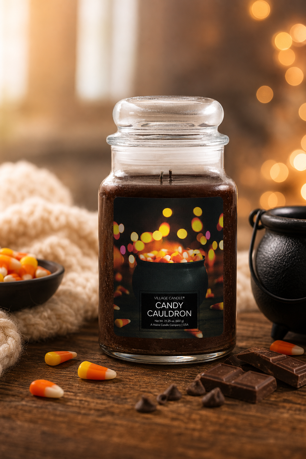 Candy Cauldron Kerze auf Holztisch mit Süßigkeiten und schwarzem Kessel