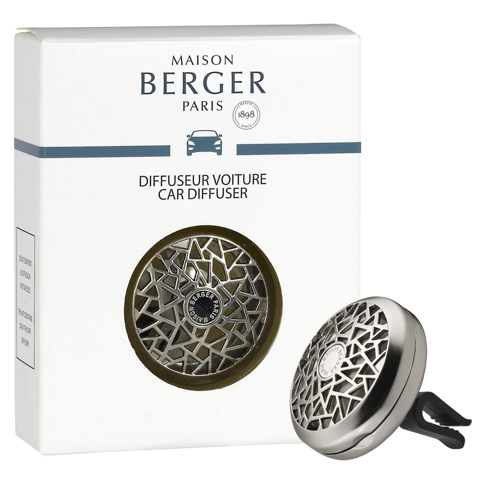 Autoduft-Diffuser und Verpackung Maison Berger Paris Autoduft-Diffuser mit Verpackung und rundem Lüftungsgitter-Clip