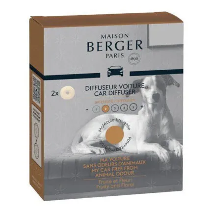 Verpackung der Maison Berger Autoduft-Nachfüller mit Hundemotiv