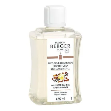 Nahaufnahme der Maison Berger Nachfüllerflasche mit Etikett Amber Powder